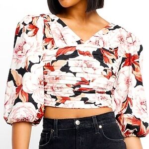 EXPRESS Floral Print Linen Blend Ruched Crop-Top Blouse NWT